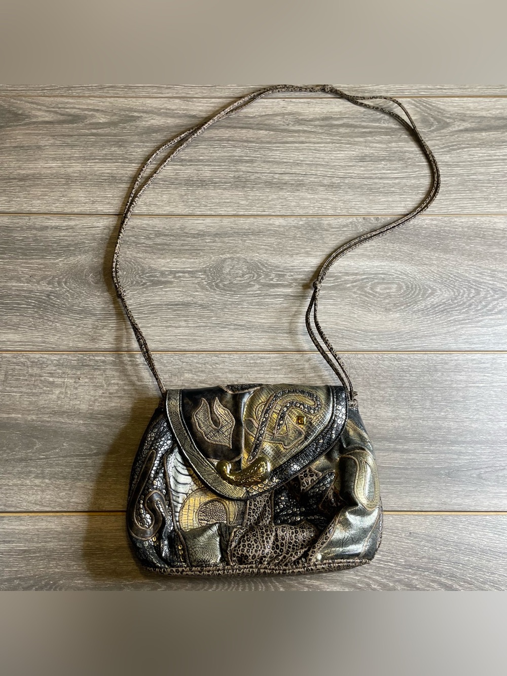 VTG 80s NAS Bag Metallic Gold Silver Bronze Animal Print Patchwork Crossbody⁠